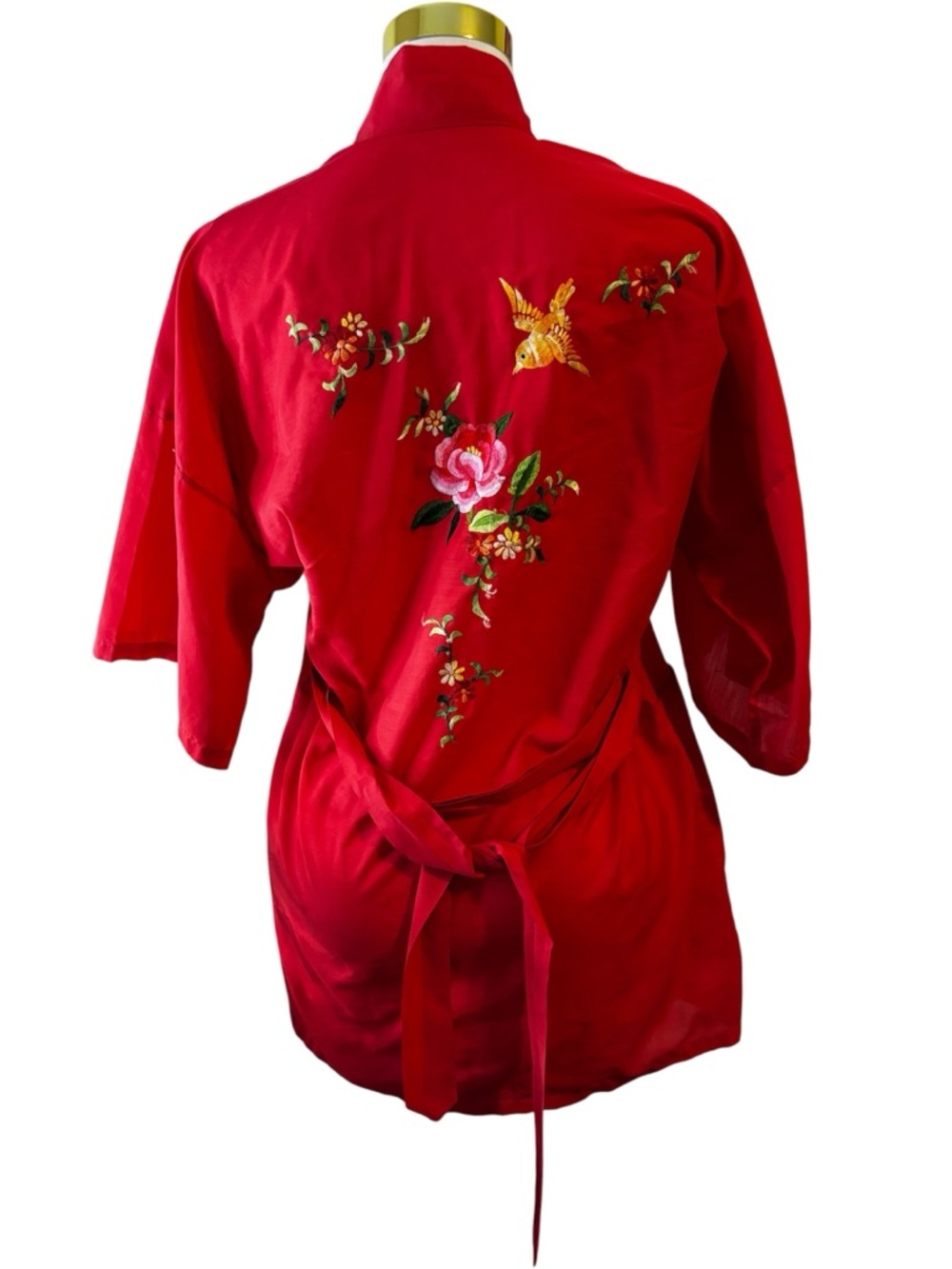 Vintage Fedo Red Embroidered Chinese Robe Small S Boho Floral Bird Kimono Style